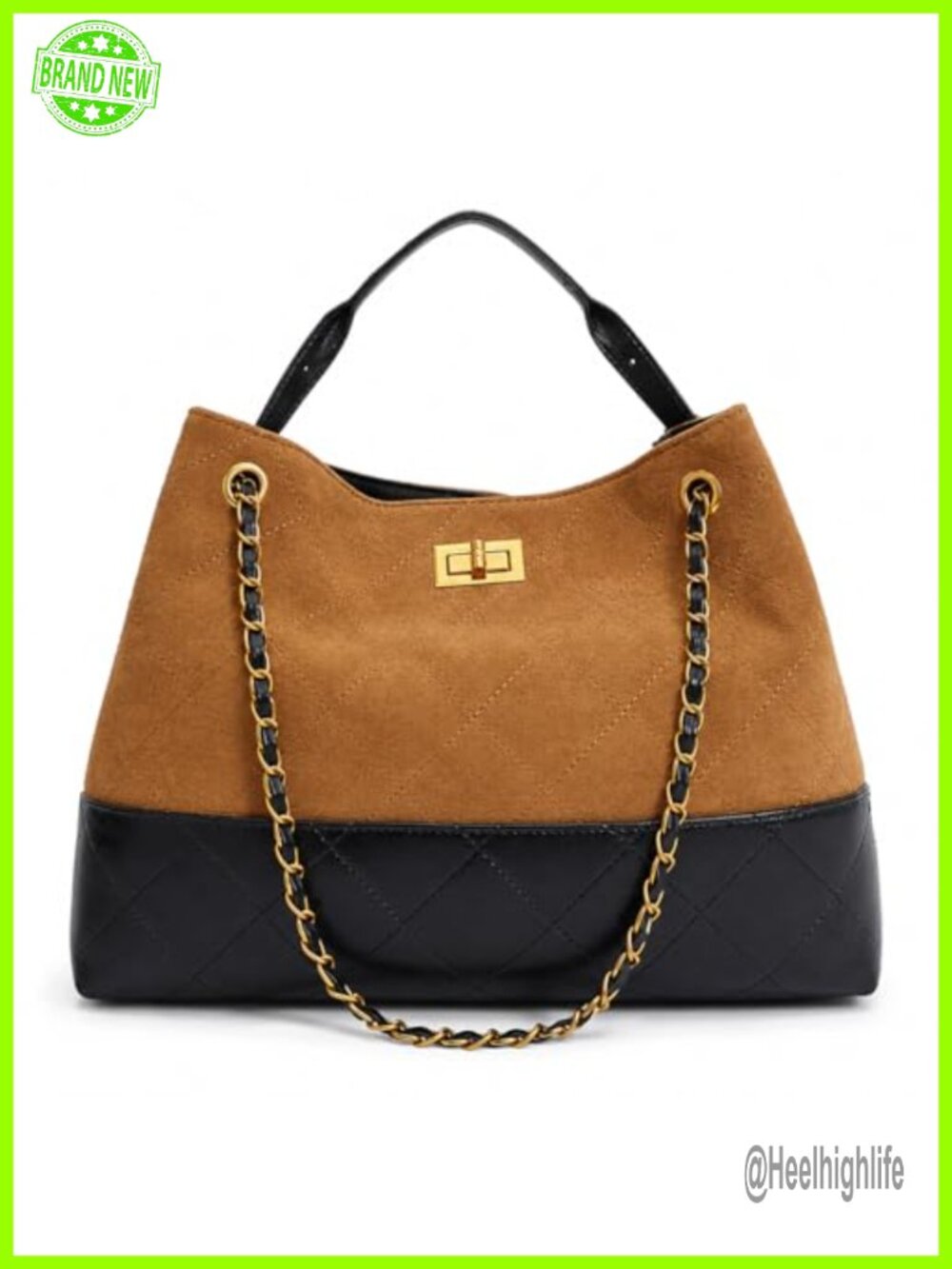Quilted Faux Suede Leather Tote Bag Chain Strap Shoulder Handbag
